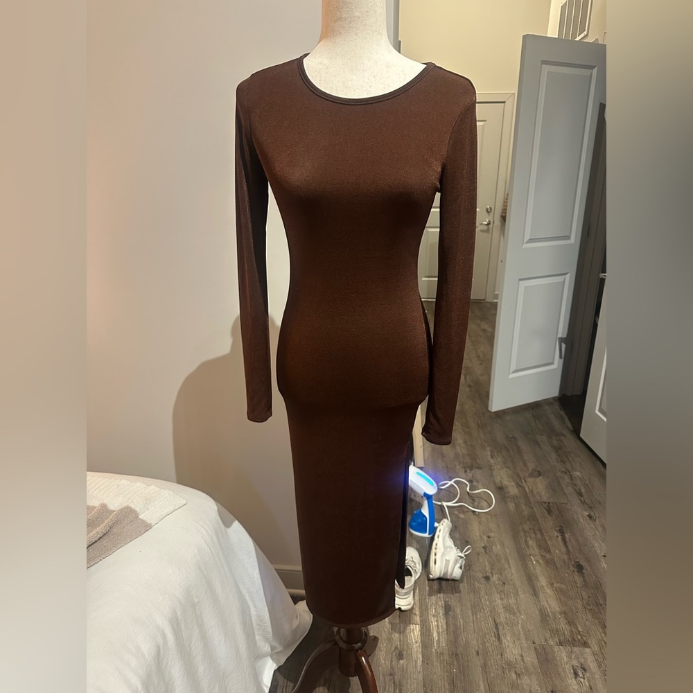 Forever 21- Long Sleeve Brown Slinky Maxi Dress